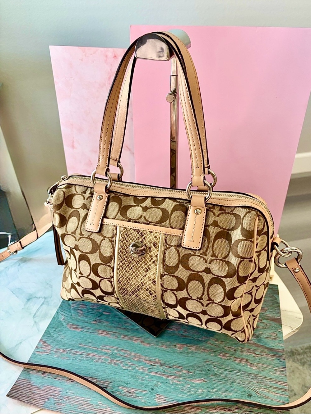 🐍Coach EUC Python Signature Stripe Zip Satchel Crossbody F24884👜